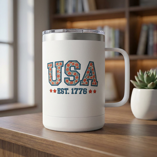 USA Est. 1776 15oz Travel Mug — Patriotic Insulated Coffee Tumbler