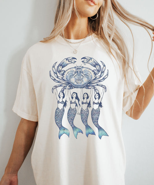 Comfort Colors La Dolce Vita Mermaid Crab Shirt, Vintage Coastal Graphic Tee, Amalfi Coast Aesthetic T-Shirt, Italian Summer Oversized Comfort Colors Tee