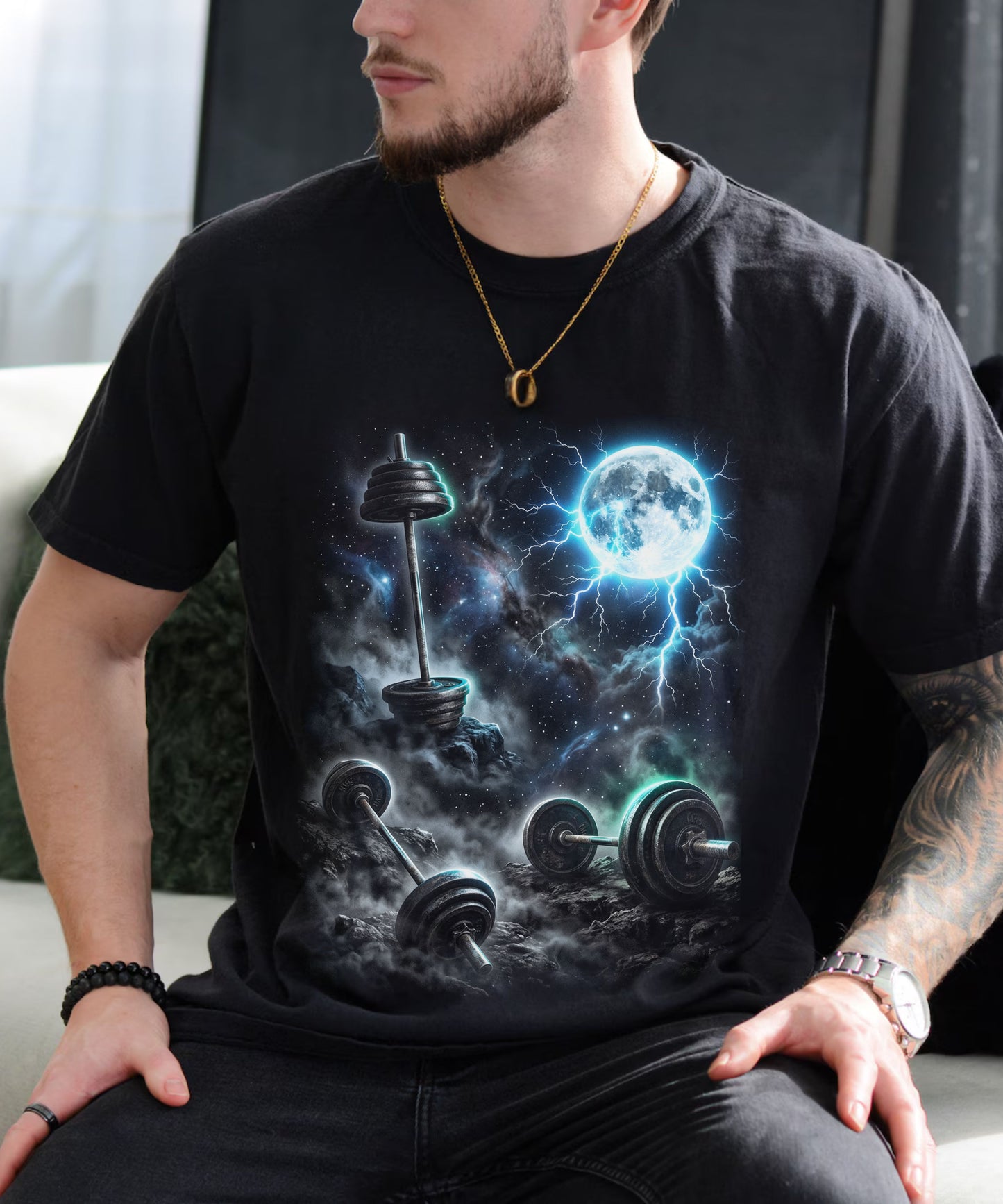 Cosmic Gym T-Shirt, Moon Lightning Barbell Shirt, Galaxy Workout Tee, Aesthetic Fitness Shirt, Heavy Lift Graphic Tee, Gym Lover Shirt
