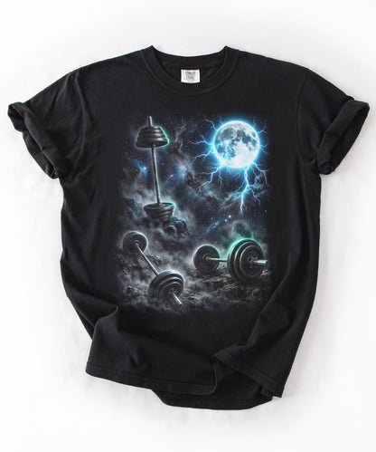 Cosmic Gym T-Shirt, Moon Lightning Barbell Shirt, Galaxy Workout Tee, Aesthetic Fitness Shirt, Heavy Lift Graphic Tee, Gym Lover Shirt