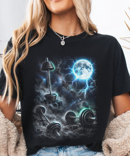 Cosmic Gym T-Shirt, Moon Lightning Barbell Shirt, Galaxy Workout Tee, Aesthetic Fitness Shirt, Heavy Lift Graphic Tee, Gym Lover Shirt