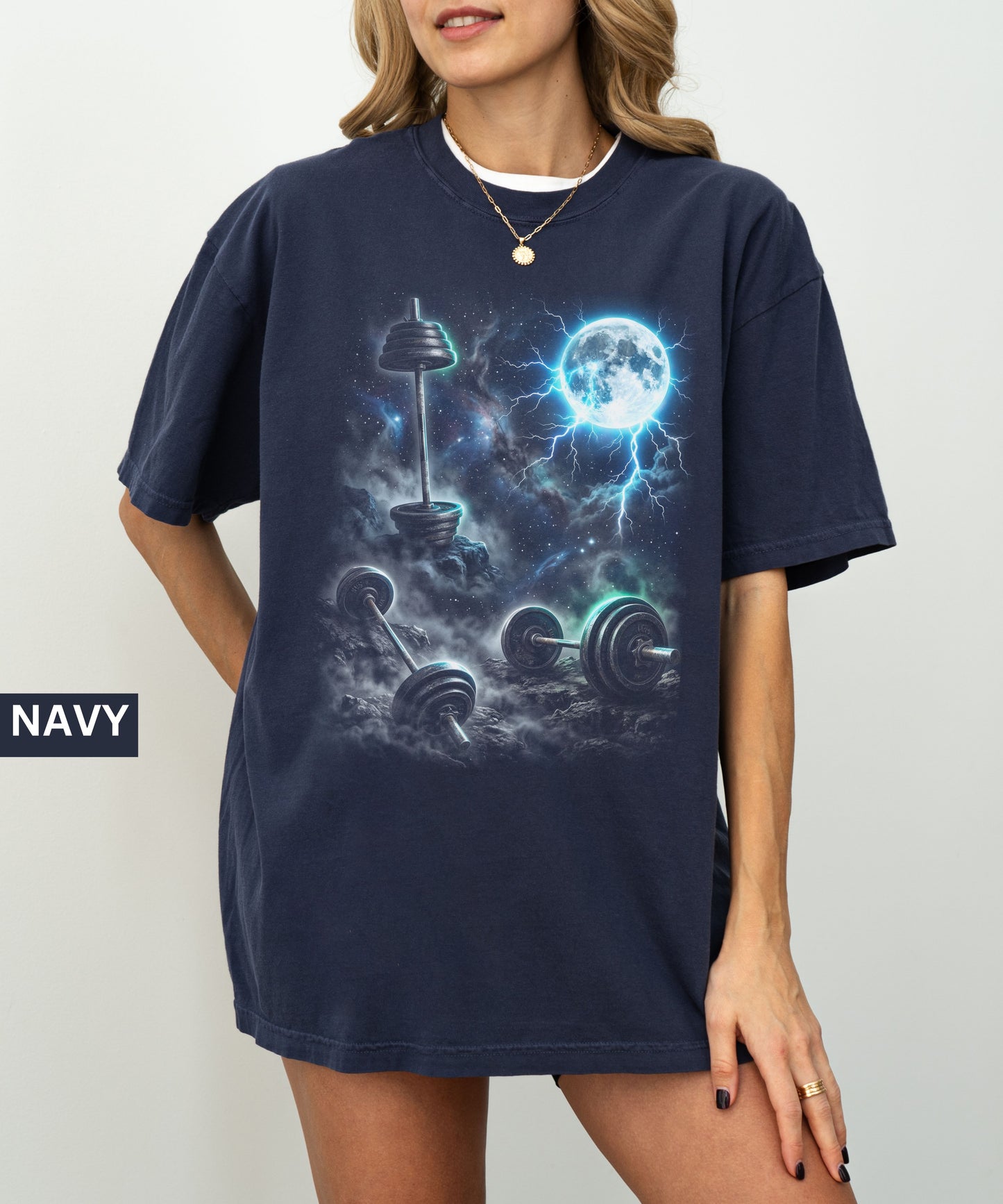 Cosmic Gym T-Shirt, Moon Lightning Barbell Shirt, Galaxy Workout Tee, Aesthetic Fitness Shirt, Heavy Lift Graphic Tee, Gym Lover Shirt