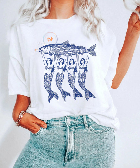 Comfort Colors Fish Graphic T-Shirt, Funny “FSH” Mermaid Shirt, Coastal Aesthetic Tee, Vintage Nautical Humor Shirt, Beachy Comfort Colors Top, la dolce vita mermaid fish