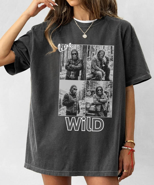 Live Wild Bigfoot T-Shirt, Sasquatch Sunglasses Graphic Tee, Funny Cryptid Shirt, Outdoorsy Adventure Shirt, Vintage Wilderness Vibes Tee