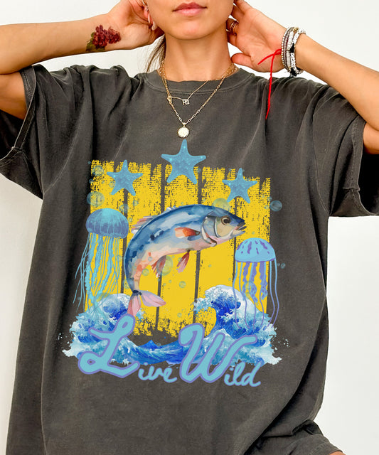 Comfort Colors Live Wild Fish & Waves Shirt | Coastal Summer Graphic Tee | Jellyfish & Starfish Nautical Aesthetic Tee, ocean life Tee