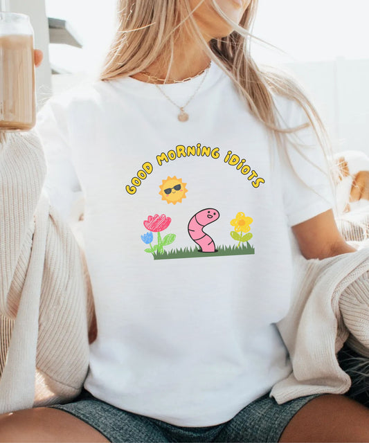 Comfort Colors® “Good Morning Idiots” Funny Meme Shirt | Chaotic Cute Sun & Worm Graphic Tee, Unhinged Humor Viral T-Shirt