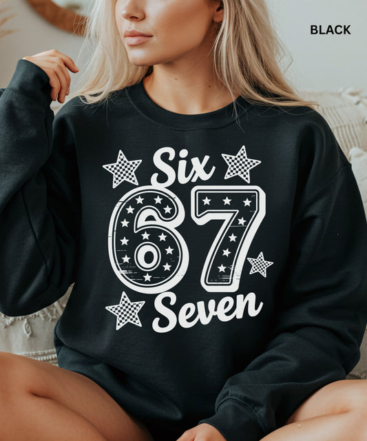 67 Sweatshirt – “Six Seven” Meme Graphic Crewneck, Viral Trend Streetwear, Retro Star Design