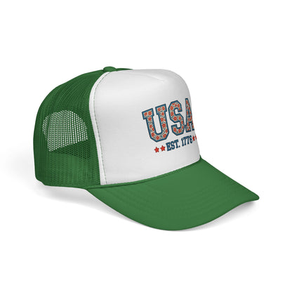 USA Trucker Cap — Patriotic Floral 'EST. 1776' Mesh Baseball Hat
