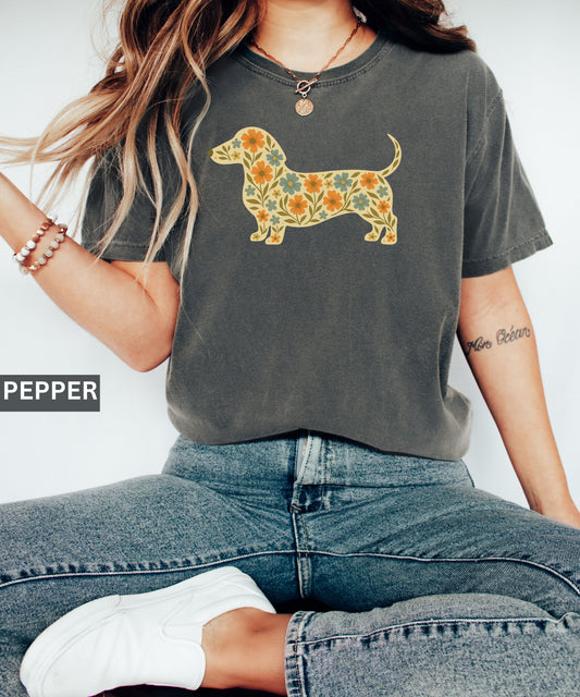 Dachshund Comfort Colors® Floral Wiener Dog shirt, Wildflower Sausage Dog Shirt, Cottagecore Dog Mom Gift, Vintage Doxie Aesthetic T-Shirt