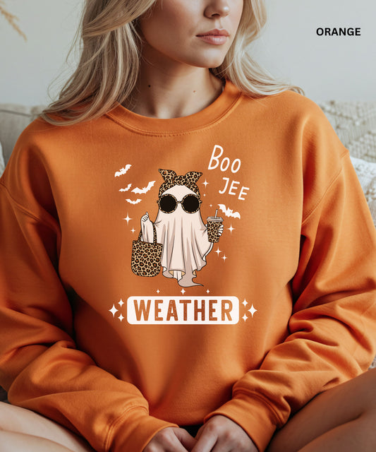 Boo Jee Weather Sweatshirt | Cute Halloween Leopard Ghost Crewneck | Cozy Fall Aesthetic Sweatshirt | Spooky Season Outfit for Women