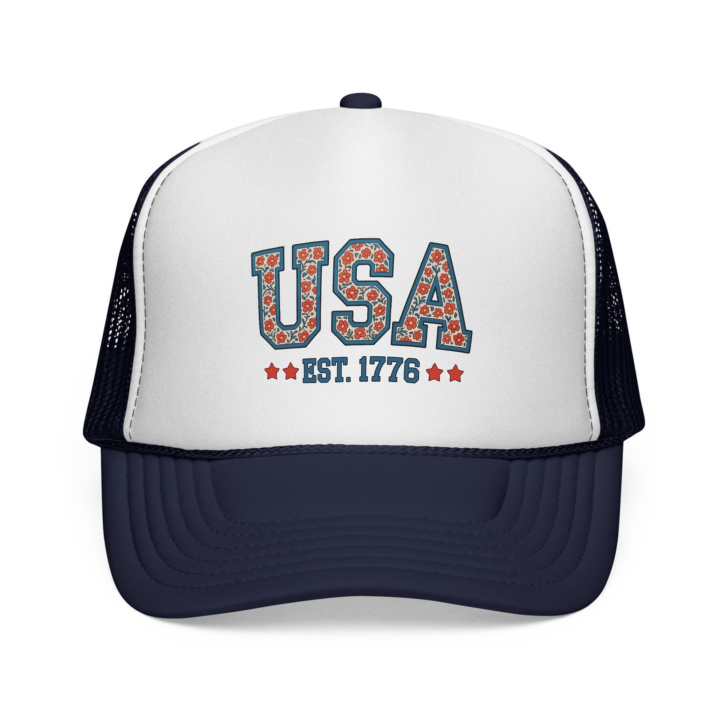 USA Trucker Cap — Patriotic Floral 'EST. 1776' Mesh Baseball Hat