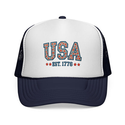 USA Trucker Cap — Patriotic Floral 'EST. 1776' Mesh Baseball Hat
