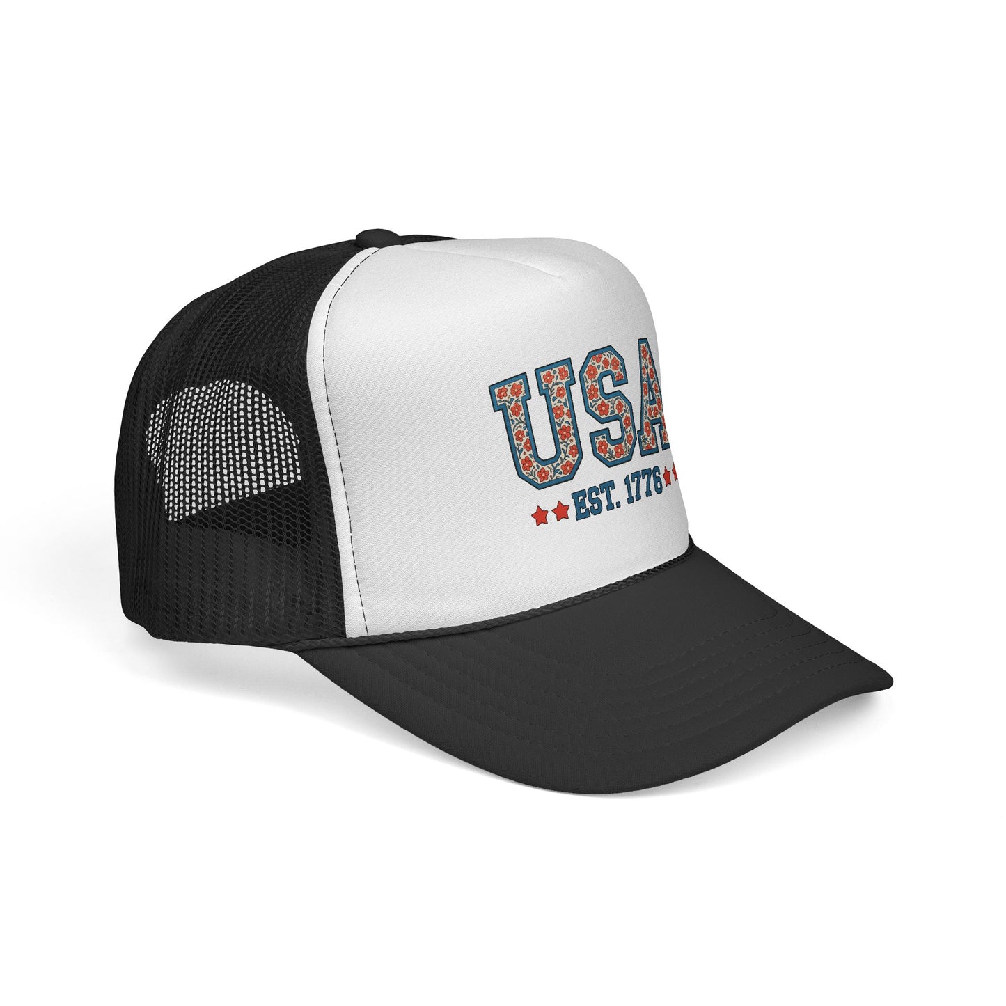 USA Trucker Cap — Patriotic Floral 'EST. 1776' Mesh Baseball Hat