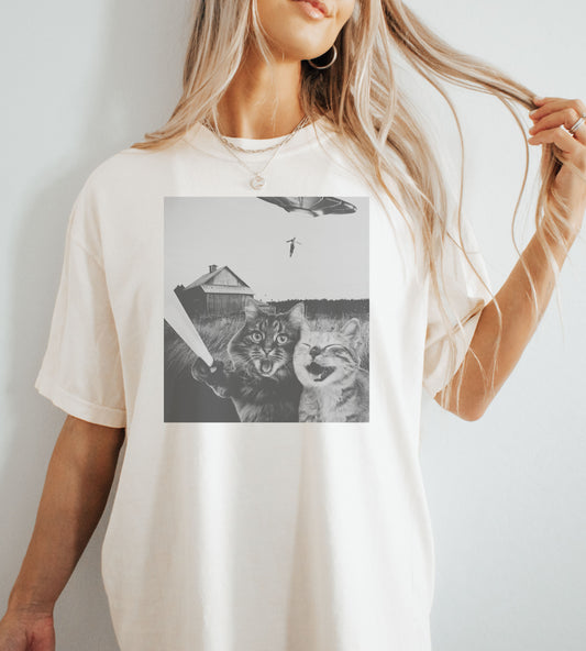 Cat UFO Graphic T-Shirt - Fun Unisex Tee, Casual Wear, Pet Lovers Gift, Alien Enthusiasts, Unique Art Tee, Summer Essential AI Surreal trend