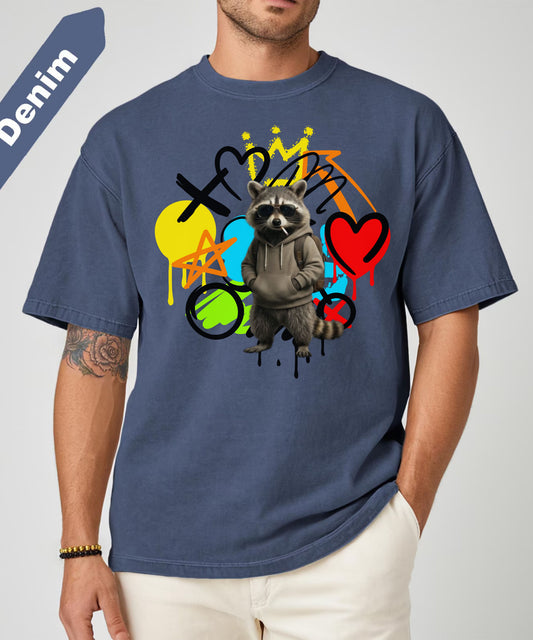 Graffiti Raccoon T-Shirt — Street Art Graphic Tee with Heart & Crown